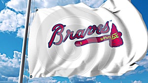 Waving flag with Atlanta Braves professional team logo. Editorial 3D rendering