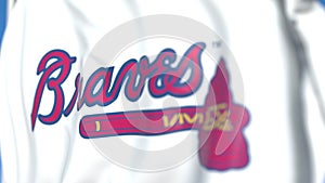 Waving flag with Atlanta Braves team logo, close-up. Editorial 3D rendering