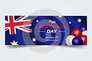 Waving flag and balloon illustration with Australia day January 26th celebration banner on isolated background