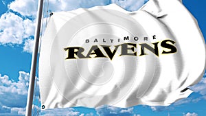 Waving flag with Baltimore Ravens professional team logo. Editorial 3D rendering