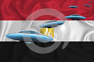 Waving flag of Egypt. UFO group on the background of the flag. UFO news concept in the country. 3D rendering