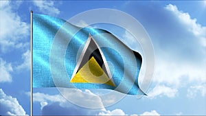 Waving flag fabric in the sky. Motion. The flag of Saint Lucia with a cerulean blue field charged with a yellow triangle