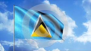 Waving flag fabric in the sky. Motion. The flag of Saint Lucia with a cerulean blue field charged with a yellow triangle