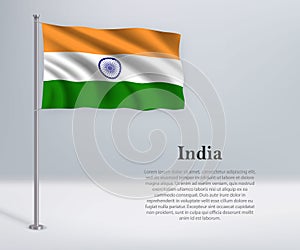 Waving flag of India on flagpole. Template for independence day