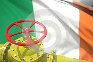 Waving flag of Ireland and the gas or oil pipeline valve. Conceptual 3d rendering