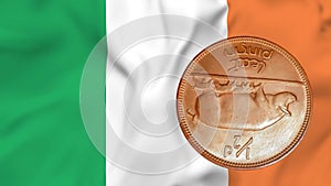 Waving flag of Ireland and rotating reverse of old halfpenny coin. 3d animation in 4k video.