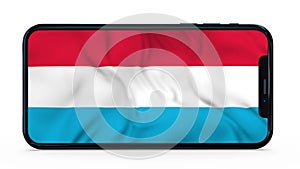 Waving flag of Luxembourg on a mobile phone screen. 3d animation in 4k video.