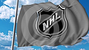 Waving flag with NHL logo. Editorial 3D rendering