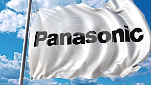 Waving flag with Panasonic logo against sky and clouds. Editorial 3D rendering