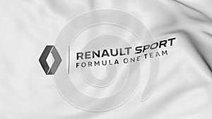 Waving flag with Renault Sport Formula One Team logo. Editorial 3D rendering