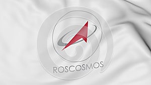 Waving flag with Roscosmos State Corporation logo. Editorial 3D rendering