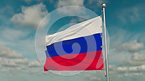 Waving flag of Russia, animation of flying around, fine clouds on the background