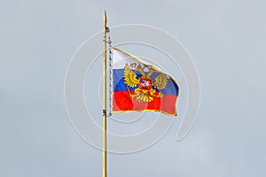 Waving flag of Russian Federation with gilded coat of arms against cloudy sky