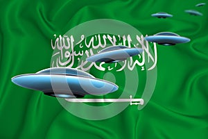 Waving flag of Saudi Arabia. UFO group on the background of the flag. UFO news concept in the country. 3D rendering