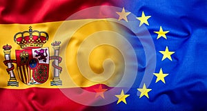 Waving flag of Spain and European Union.Eu Flag Spain Flag