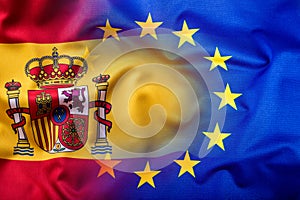 Waving flag of Spain and European Union.Eu Flag Spain Flag