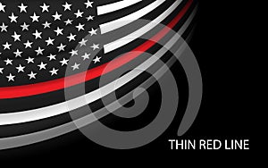 Waving flag of United States with Thin red line on dark background