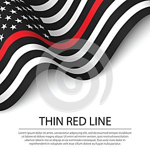 Waving flag of United States with Thin red line on white backgro