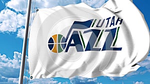 Waving flag with Utah Jazz professional team logo. Editorial 3D rendering