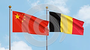 Waving flags of China and Belgium on sky background. Illustrating International Diplomacy, Friendship and Partnership with Soaring