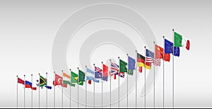 Waving flags countries of members Group of Twenty. Big G20, in Rome, the capital city of Italy, on 30â€“31 October 2021. 3d