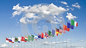 Waving flags countries of members Group of Twenty. Big G20, in Rome, the capital city of Italy, on 30â€“31 October 2021. 3d