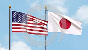 Waving flags of the United States of America and Japan on sky background. Illustrating International Diplomacy, Friendship and