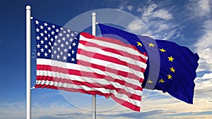 Waving flags of USA and EU on flagpole