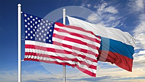 Waving flags of USA and Russia on flagpole