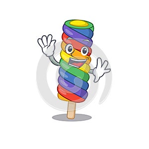 Waving friendly rainbow ice cream mascot design style