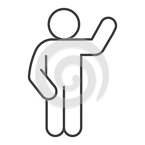 Waving gesture thin line icon. Man with hand raised up and left hand down outline style pictogram on white background