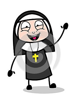 Waving Hand - Cartoon Nun Lady Vector Illustration