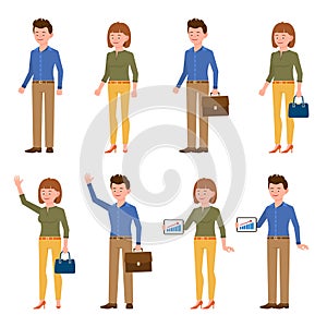Waving hello, using tablet office boy and girl cartoon character blue shirt business man and green top woman vector illustration
