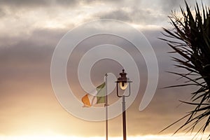 Waving National flag of Ireland by a lamp post and palm tree silhouette. Sun rise sky in the background. Sun glow. Irish tricolor