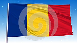 Waving National Flag Of Romania In The Wind With Pole On Cloudy Fog Glitter Dust Flying Blue Sky 3D