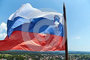 Waving National flag of Slovenia on the blue sky background