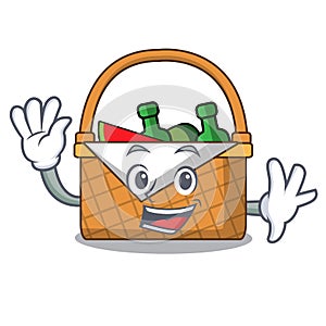 Waving picnic basket character cartoon