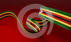 Waving ribbon or banner with flag of Zimbabwe on red. Template for independence day 3d illustration