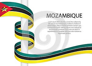 Waving ribbon on pole with flag of Mozambique. Template for inde