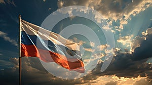 Waving Russian flag against a blue sky with clouds and empty space for text. Room for text. National flag of the Russian