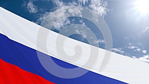 A waving Russian flag with a tricolor on the background of the sun and the sky with clouds. Banner for the Day of Russia on June