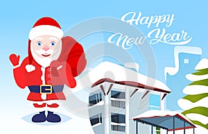 Waving santa chaus hold present sack happy new year merry christmas holidays concept winter snow covered house cityscape