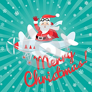 Waving Santa Claus flying on the plane with sack full of presetns. Flat style