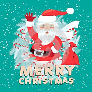 Waving Santa Claus iside the Christmas wreath with sack full of