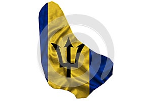 Waving textile flag of Barbados fills country map. White isolated background, 3d illustration