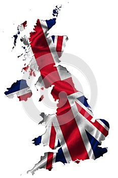 Waving textile flag of United Kingdom fills country map. White isolated background, 3d illustration.