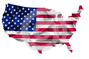 Waving textile flag of USA fills country map, Continental part, White isolated background, 3d illustration