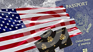 Waving USA Flag and American Passport, Video Composition 4K 3D. Concept: Immigration to USA, Citizenship USA