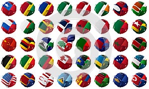 Waving world flags set, brush stroke background. Vector illustration.