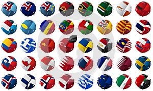 Waving world flags set, brush stroke background. Vector illustration.